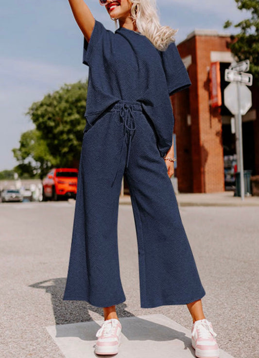 Navy Textured Cropped Pant Set