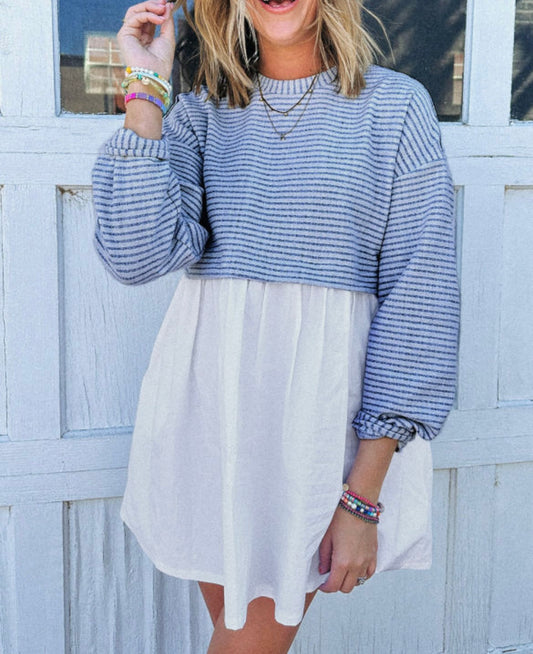 Blue Striped Pleated Waist Mini Dress