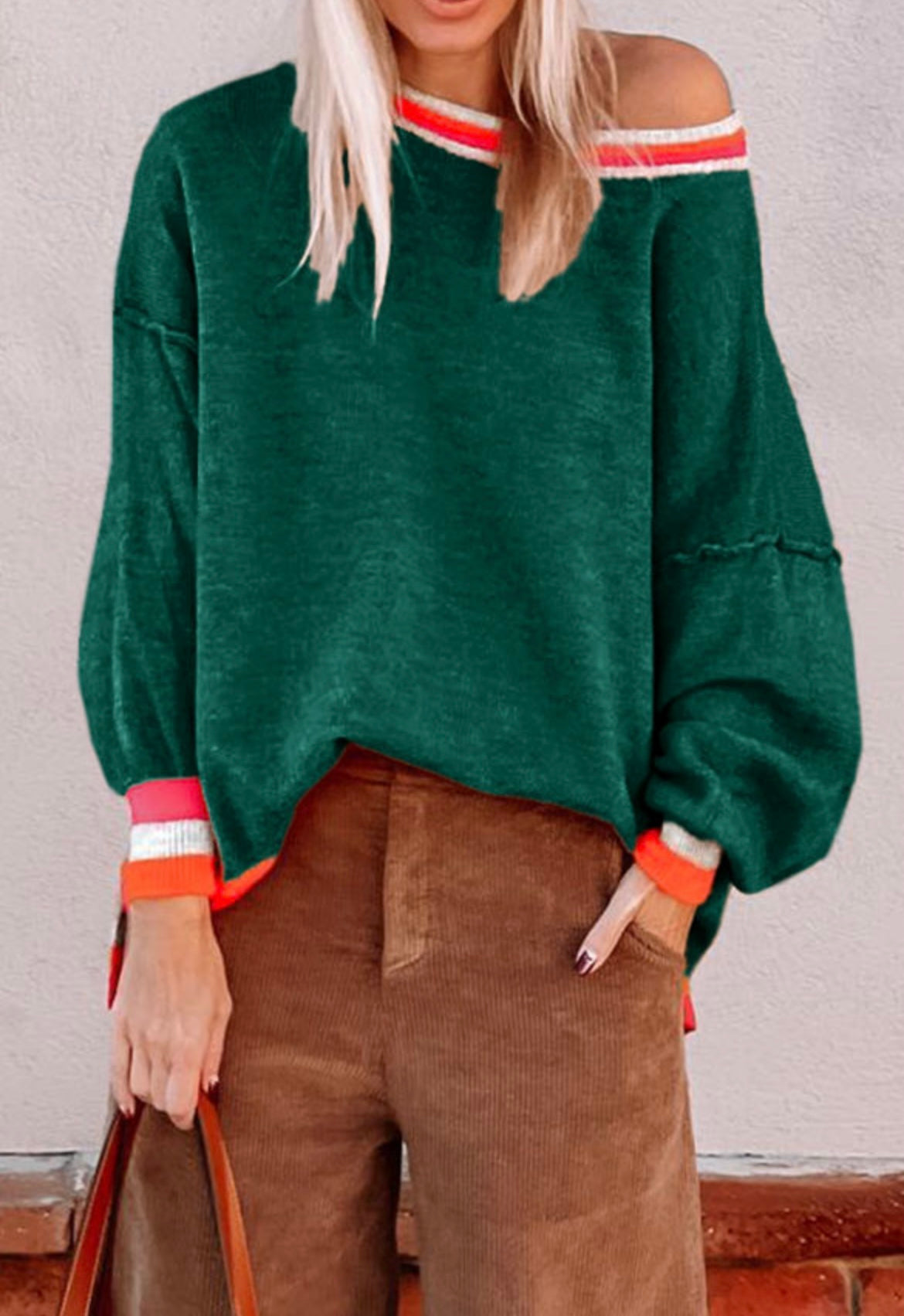 Green Colorblock Trim Sweater