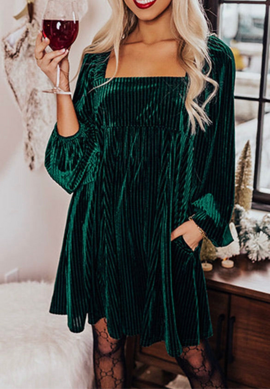 Holiday Green Velvet Babydoll Dress