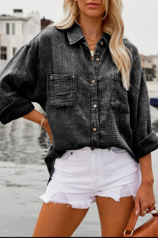 Black Mineral Wash Button Up