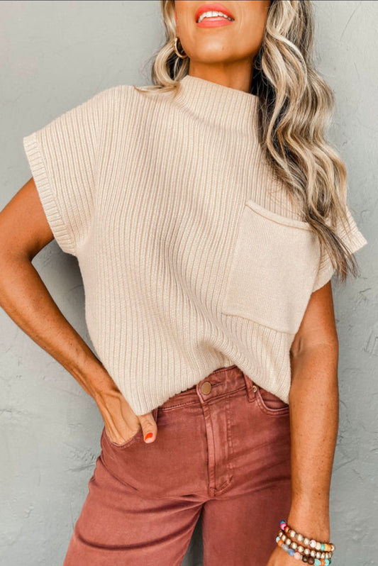 Oatmeal Ribbed Knit Short Sleeve Sweater