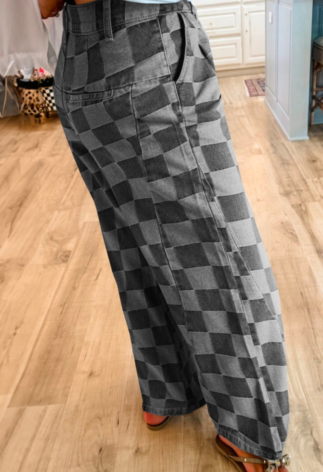 Dark Grey Checkered Wide Leg Pants