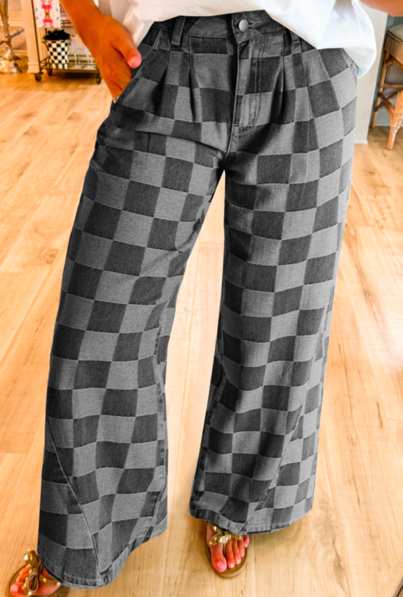 Dark Grey Checkered Wide Leg Pants